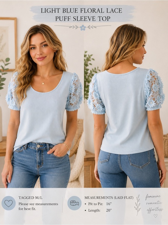 dolan Tops - Dolan Light Blue Floral Lace Puff Sleeve Ribbed Top | M/L Boutique Romantic